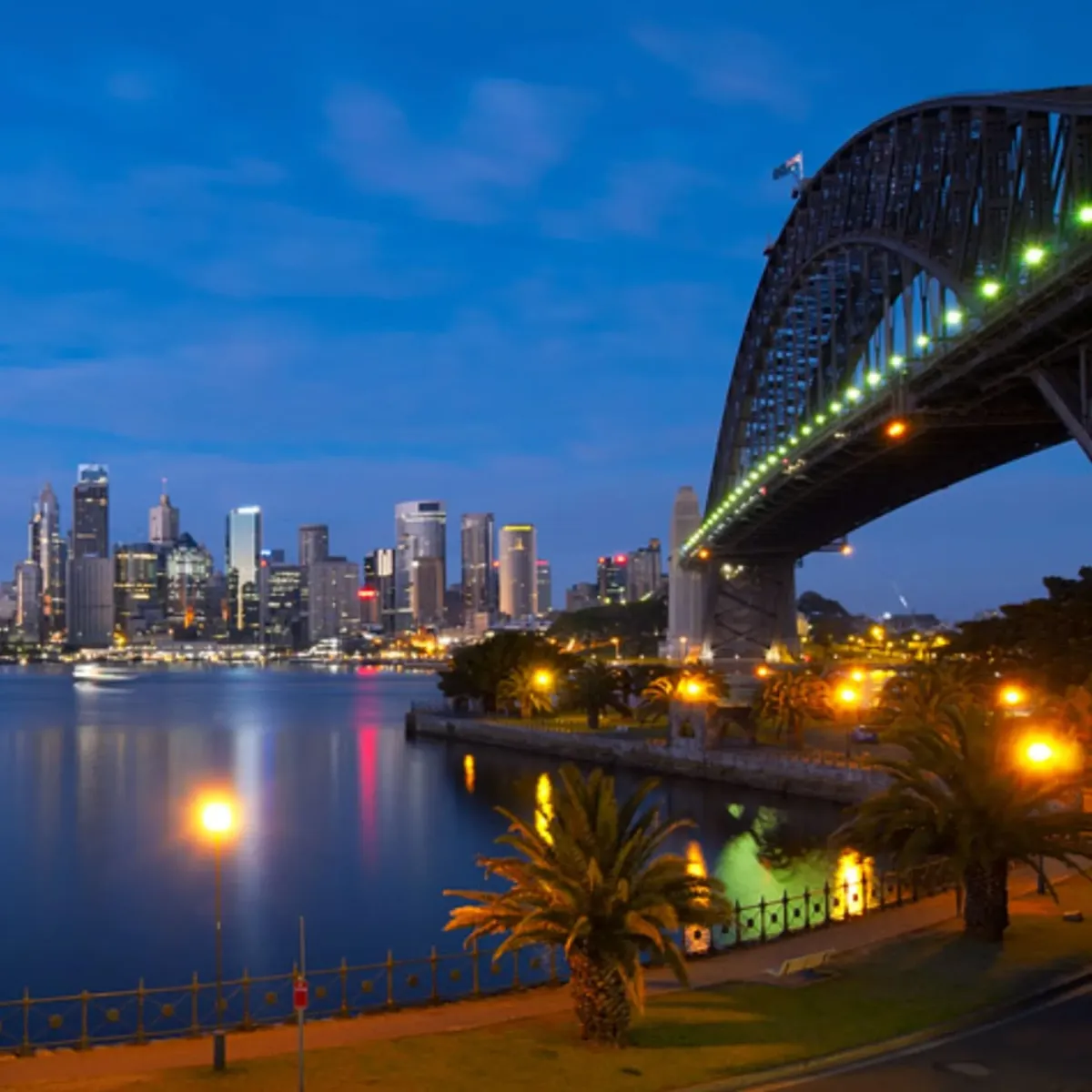 Sydney Harbour Bridge and illuminated city skyline at dusk, representing High Demand Restoration’s 24/7 water, mould, and flood restoration coverage across Sydney.