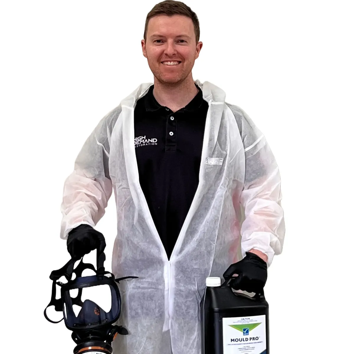 High Demand Restoration mould specialist in protective gear holding antimicrobial treatment solution, representing safe and effective mould remediation practices.