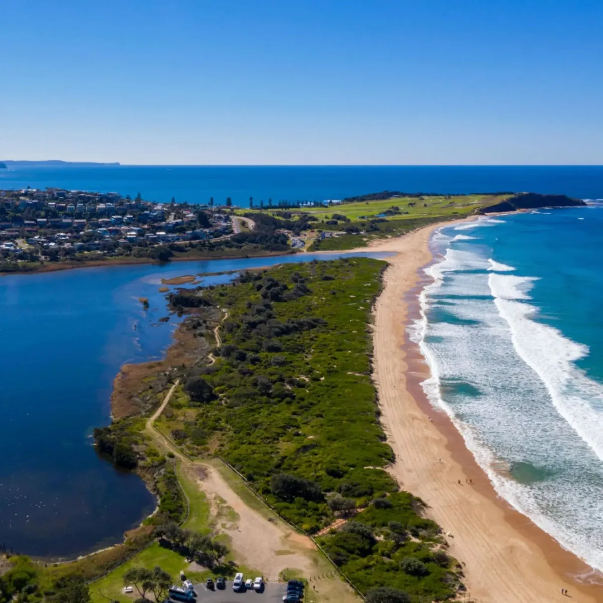 Aerial view of Narrabeen Lagoon meeting Narrabeen Beach, showcasing High Demand Restoration’s expertise in managing flood and water damage for coastal homes and businesses.