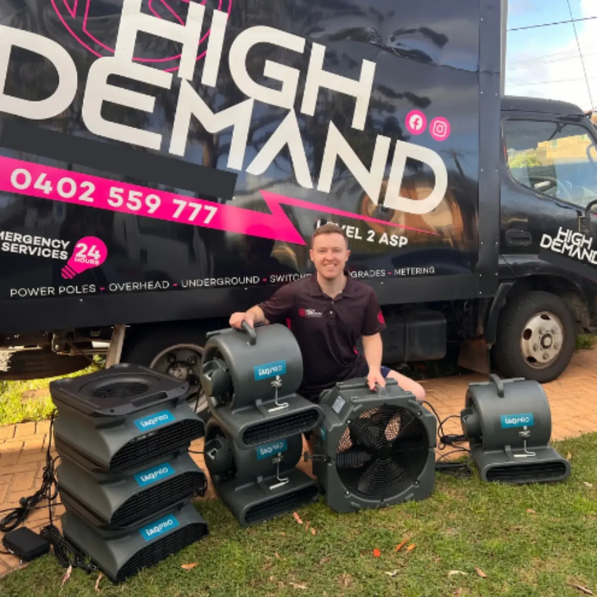 High Demand Restoration technician with professional drying and air filtration equipment, ready for flood, water, and mould remediation services across Sydney.