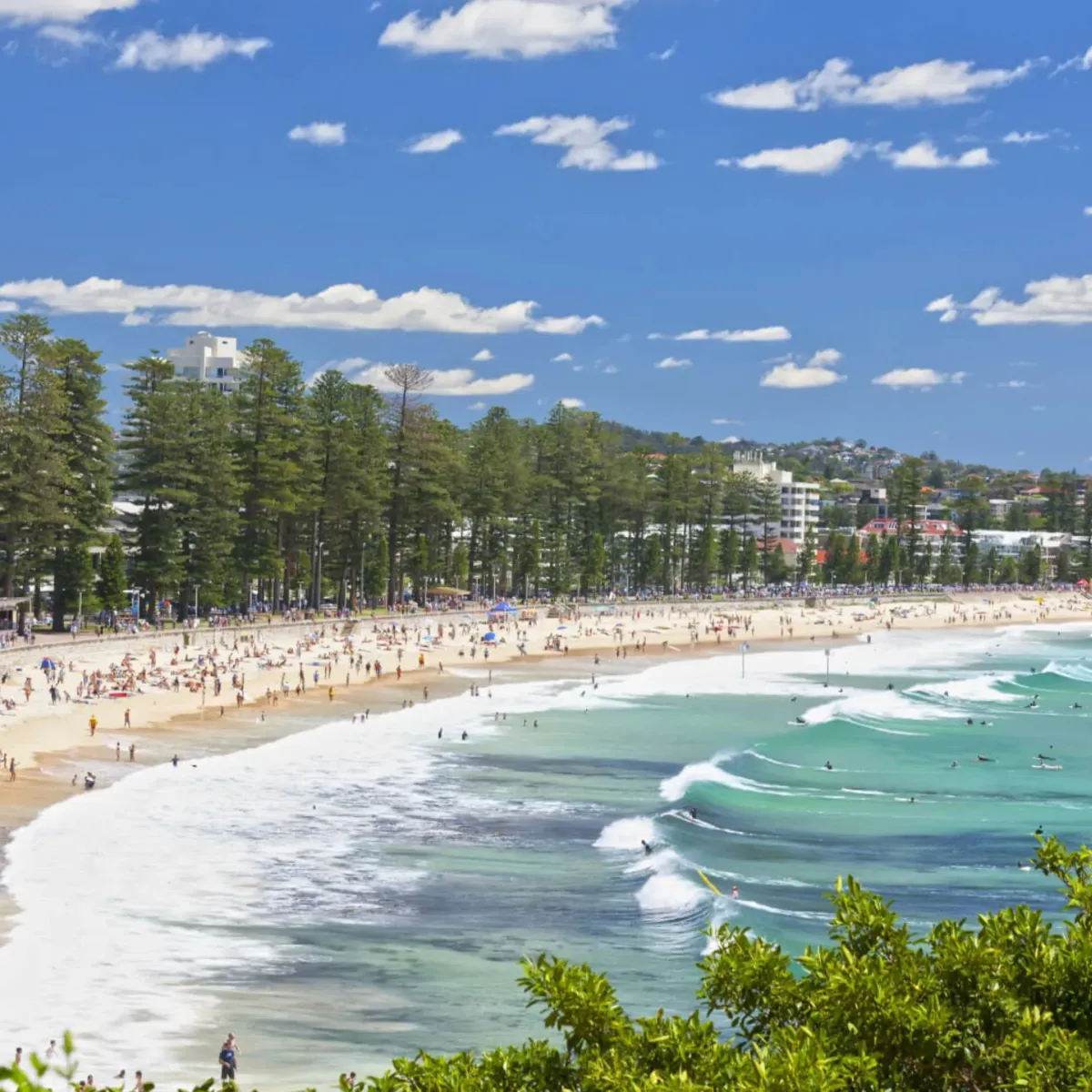 View of Manly Beach with waves and beachgoers on a sunny day, representing High Demand Restoration’s flood, mould, and water damage restoration services across the Northern Beaches region.