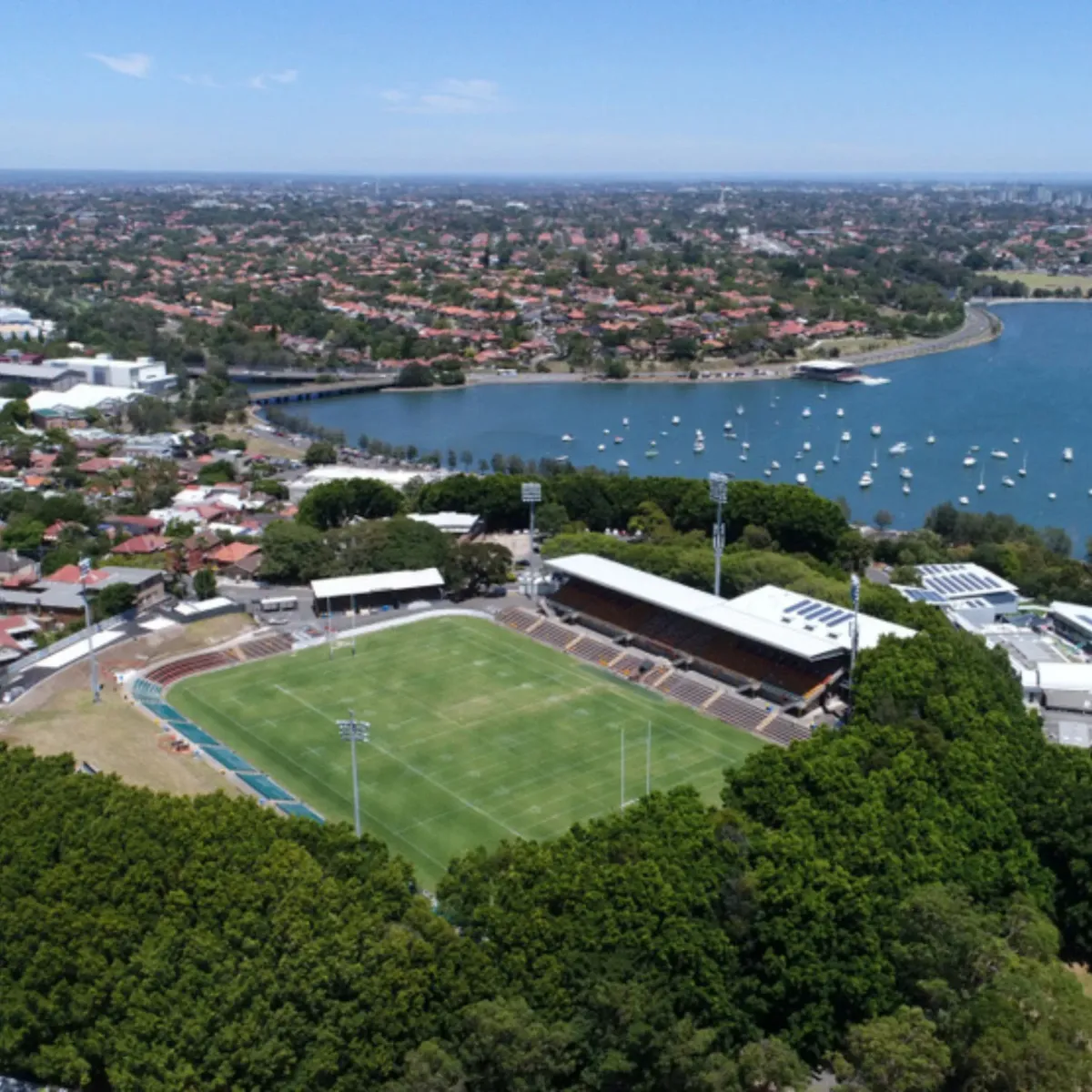 Aerial view of Leichhardt Oval surrounded by residential areas, showcasing High Demand Restoration’s local expertise in flood and water damage restoration across Sydney’s Inner West.