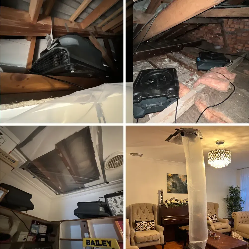 Roof cavity with insulation drying after water leak using professional drying equipment.