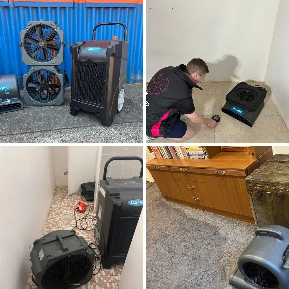 Construction building under structural drying process with professional equipment after water damage in Sydney.