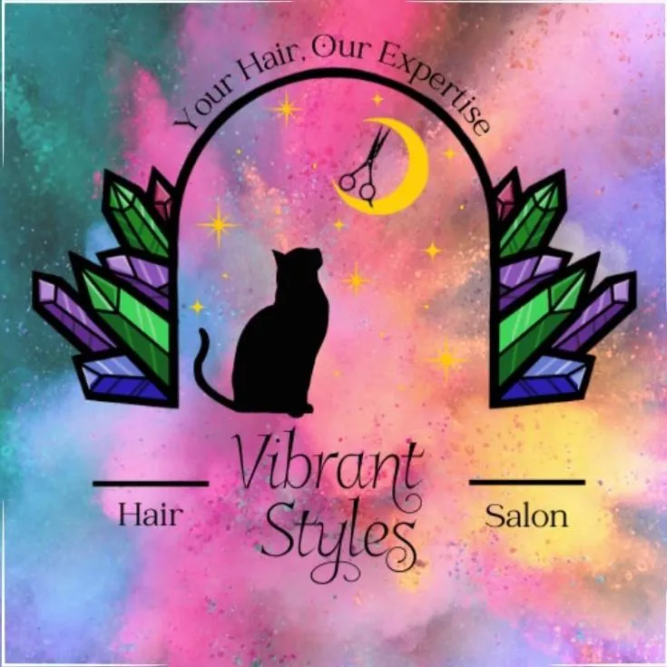 vibrant style's logo of a black cat looking at the stars. the moon is a crescent and has scissors inside. all of this is inside of a archway with pink, green, and purple gems. the words "your air our expertise" is over the archway