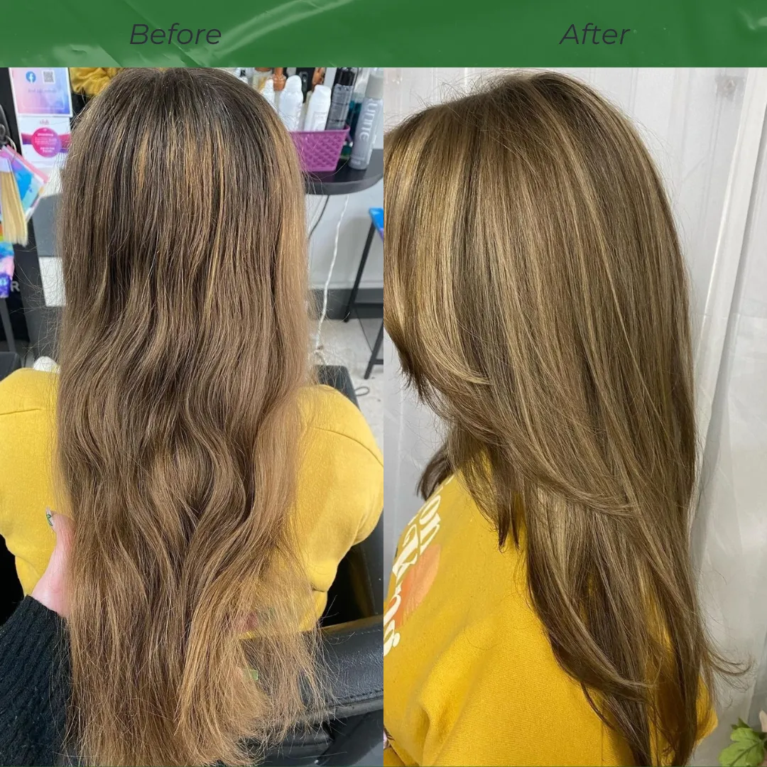 A before and After of highlights and a butterfly cut done on a model in a yellow shirt