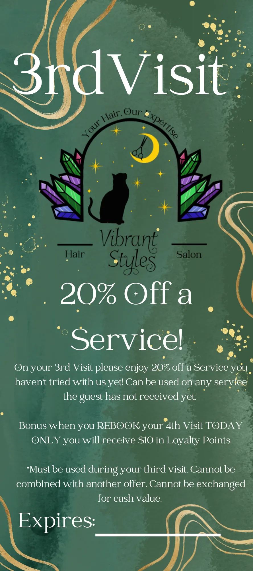 the third visit pamphlet with the brand logo advertising 20% off a new service you get for your third visit 