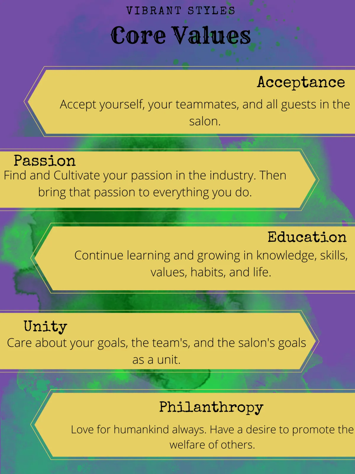 vibrant styles core values of acceptance, passion, education, unity, and philanthropy