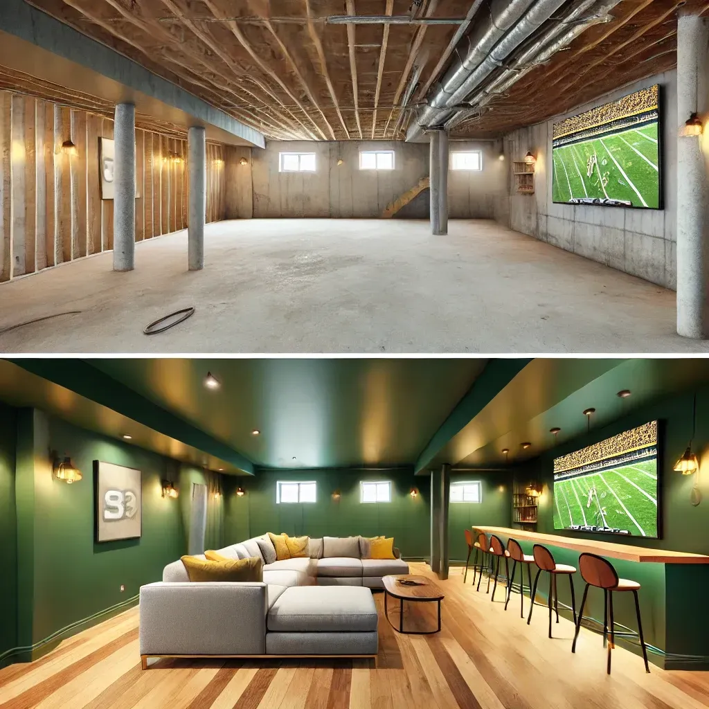 Image of before and after basement design.