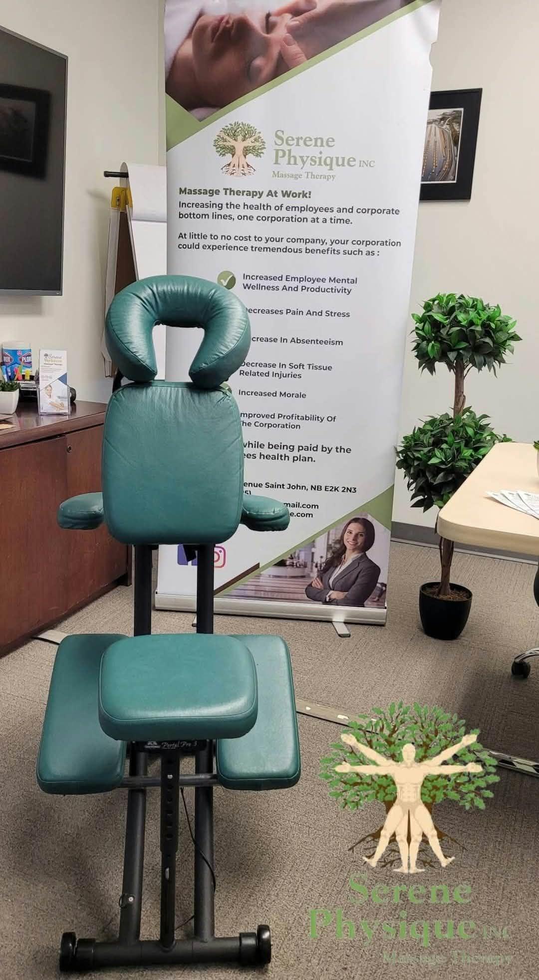 Licensed therapist providing focused seated shoulder and neck therapy for an office team member in a serene corporate environment