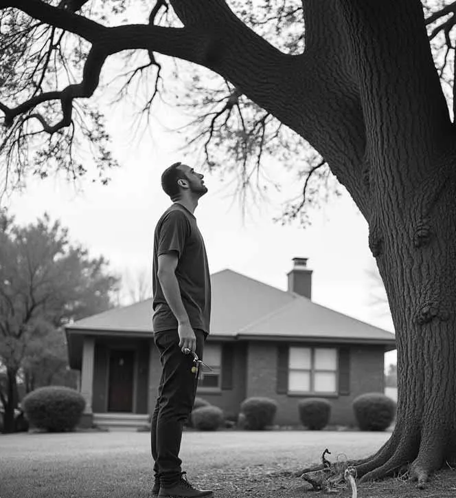 man staring up into his tree holding shears