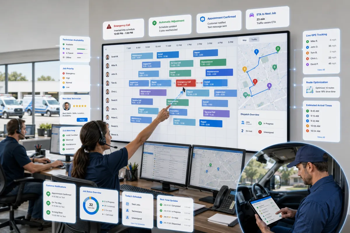 A dispatcher manages technician schedules and routes from a digital dashboard while field technicians receive real-time job assignments and customer updates on mobile devices.