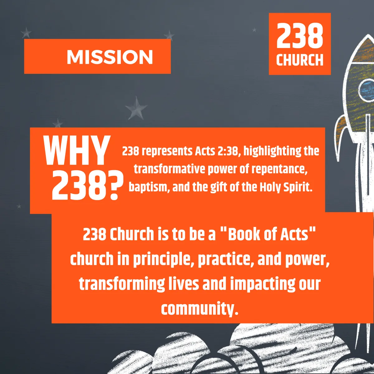 Explanation of 238 Church's name rooted in Acts 2:38, highlighting repentance and the Holy Spirit.