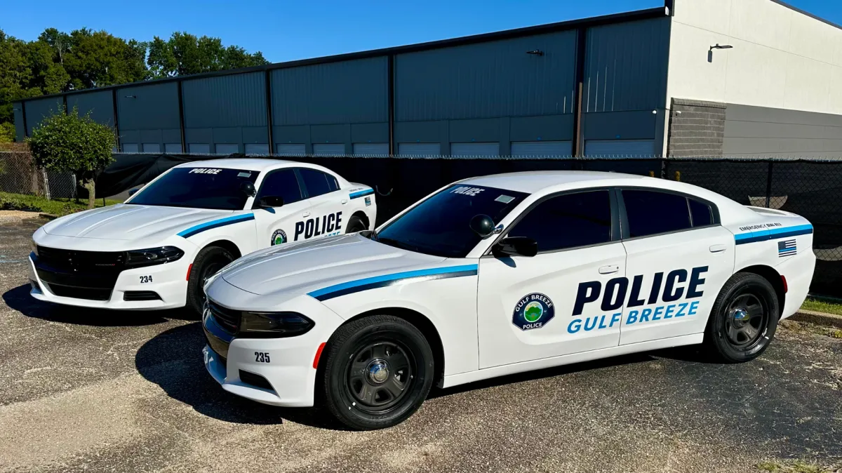 Emergency vehicle fleet graphic installation for Gulf Breeze, Florida police