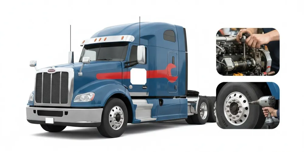 Mobile diesel truck repair technician working on commercial vehicle