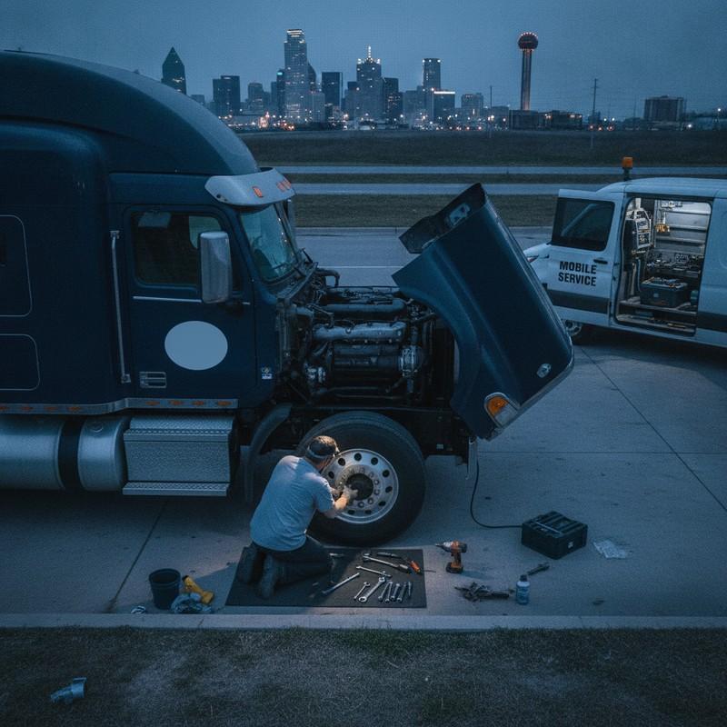 Certified mobile diesel technician repairing commercial truck on-site