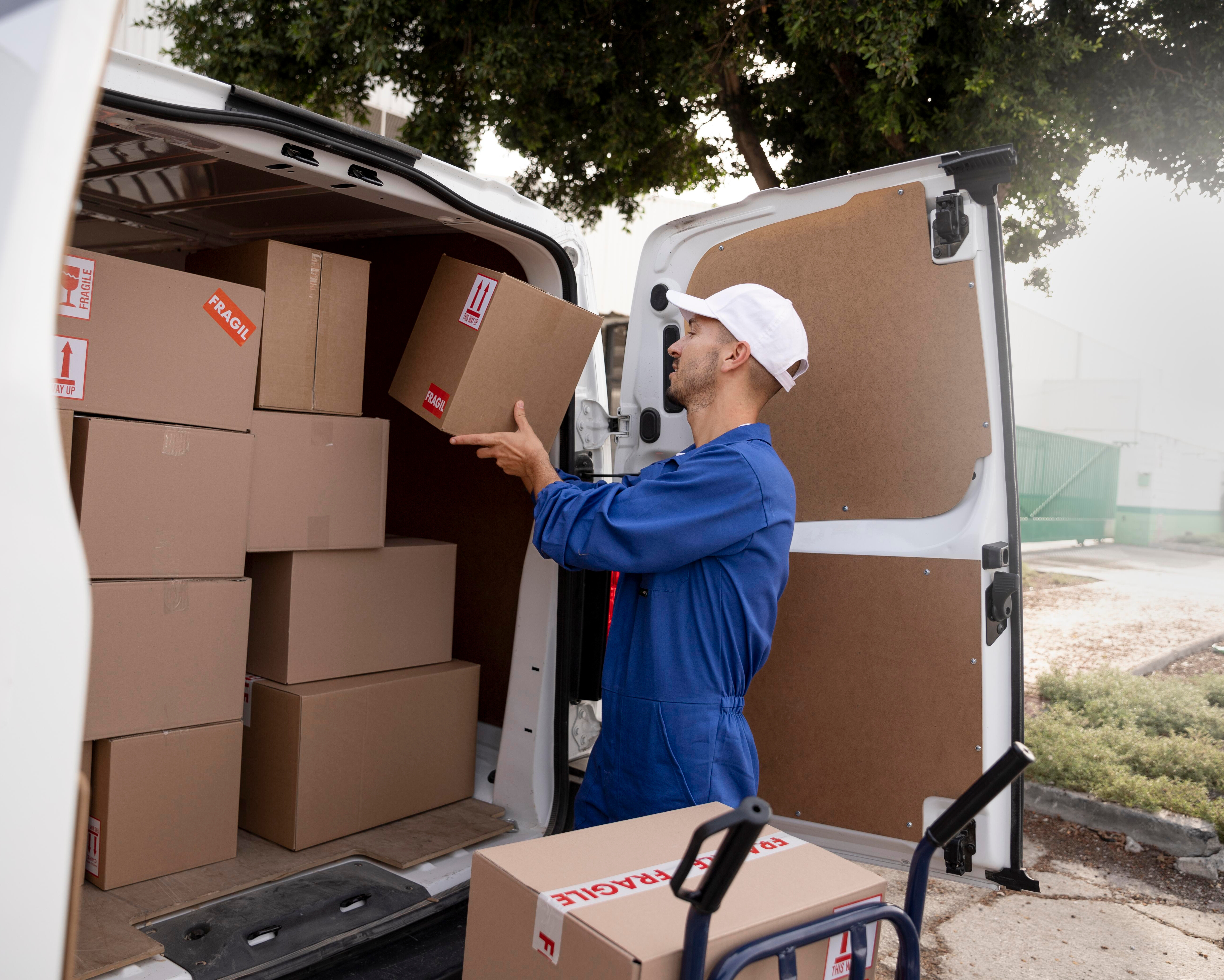 Worker loading multiple smaller packages into a delivery truck.