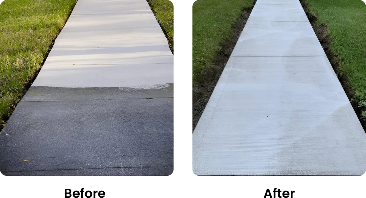 before and after concrete sidewalk pressure washing for residential home in Dallas TX
