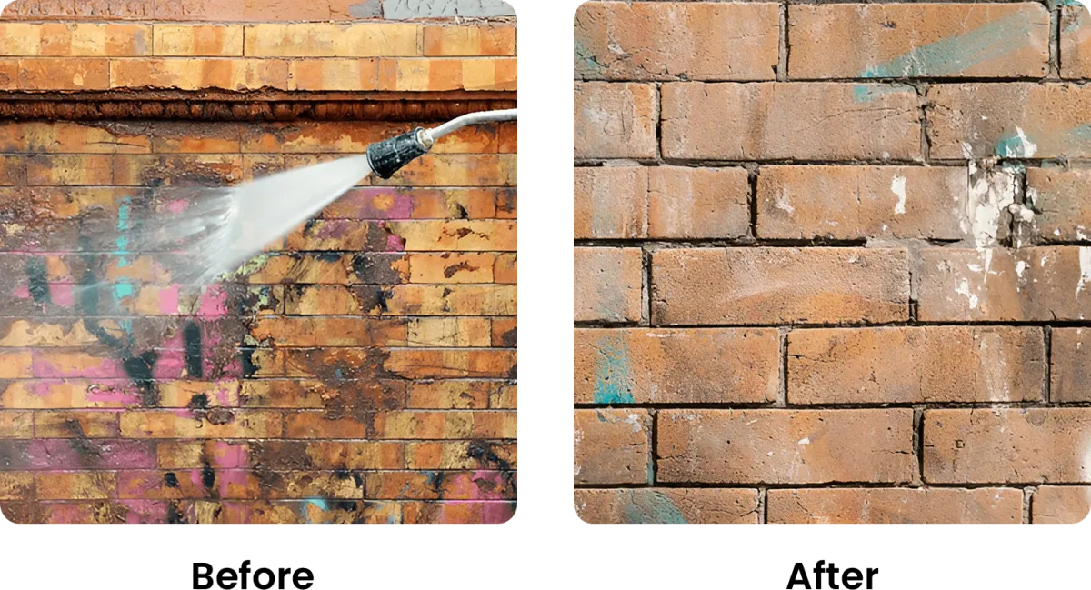 before and after graffiti removal from brick wall using pressure washing in Dallas Texas