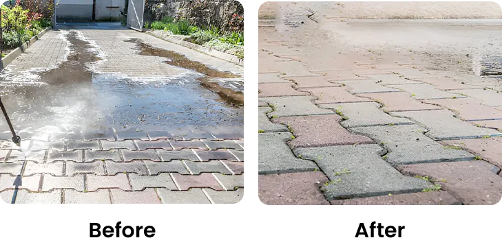 before and after driveway pressure washing cleaning brick surface in Dallas TX