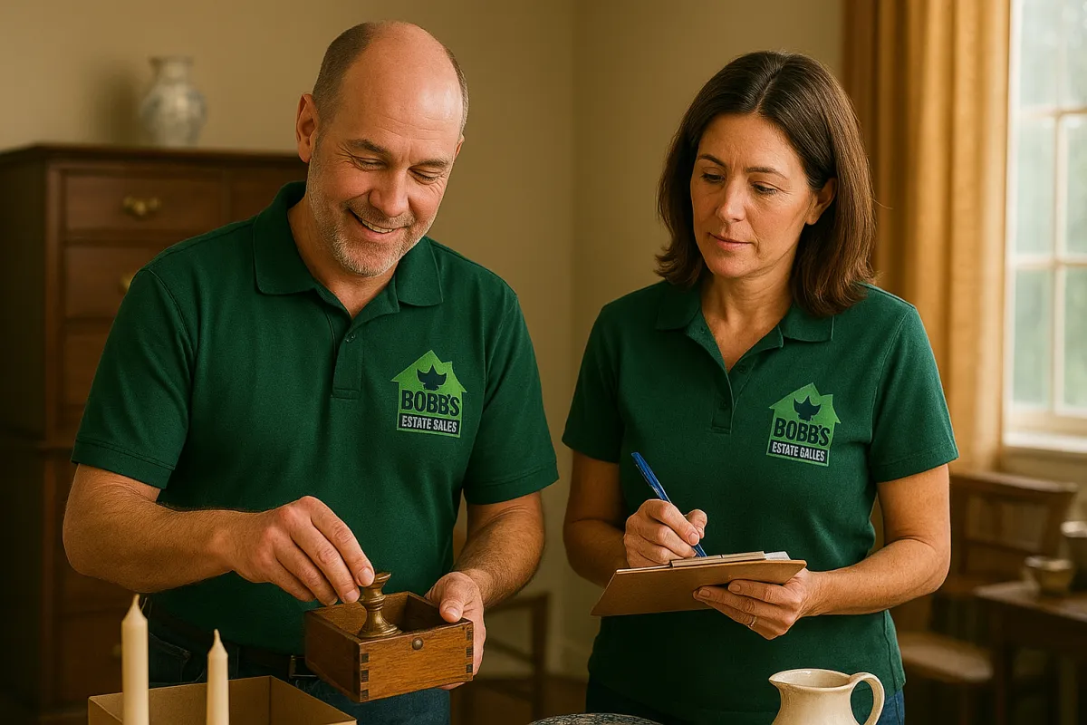 a room with wooden furniture and a painting on the wall