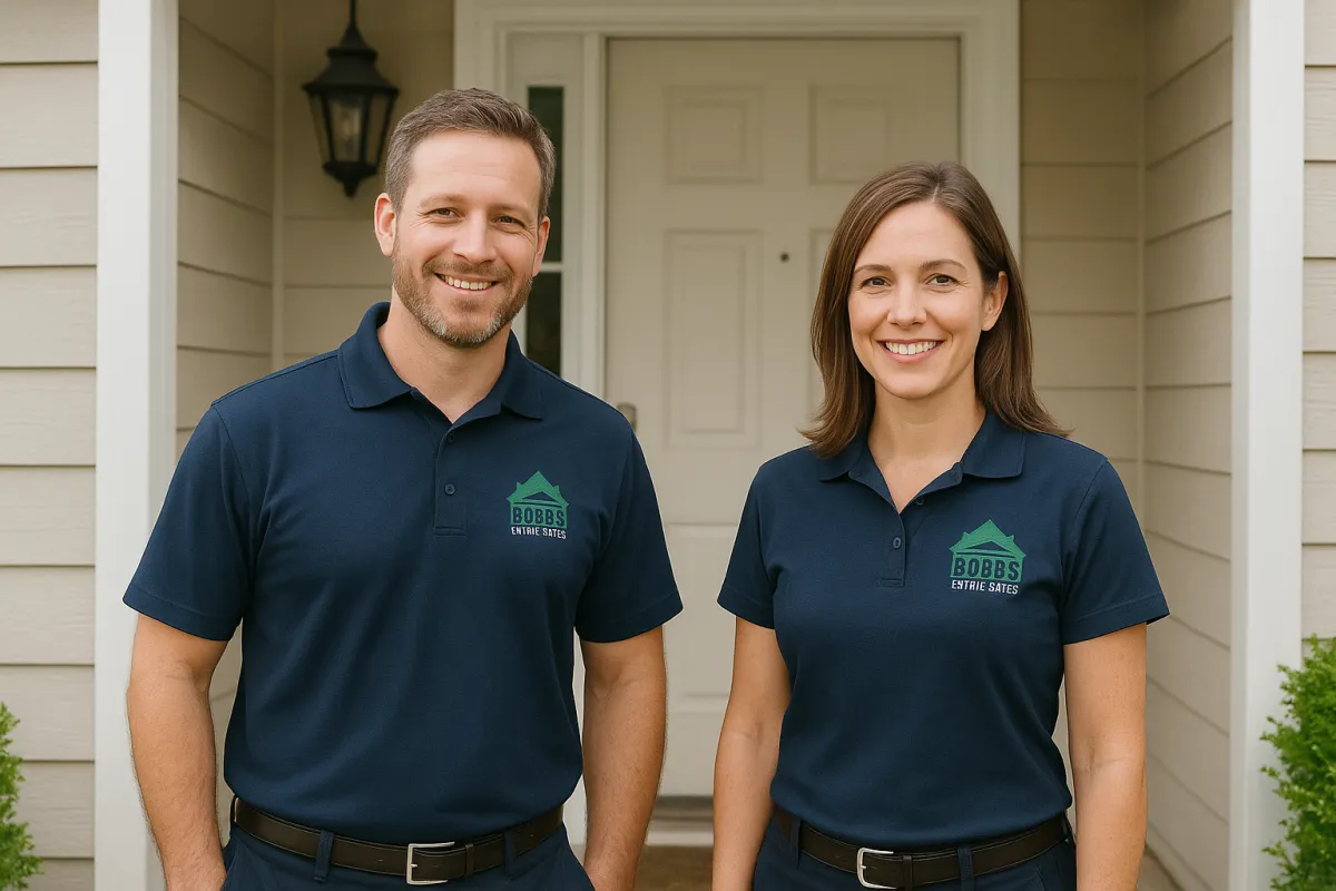 a yellow and blue house sitting in the middle of a field
