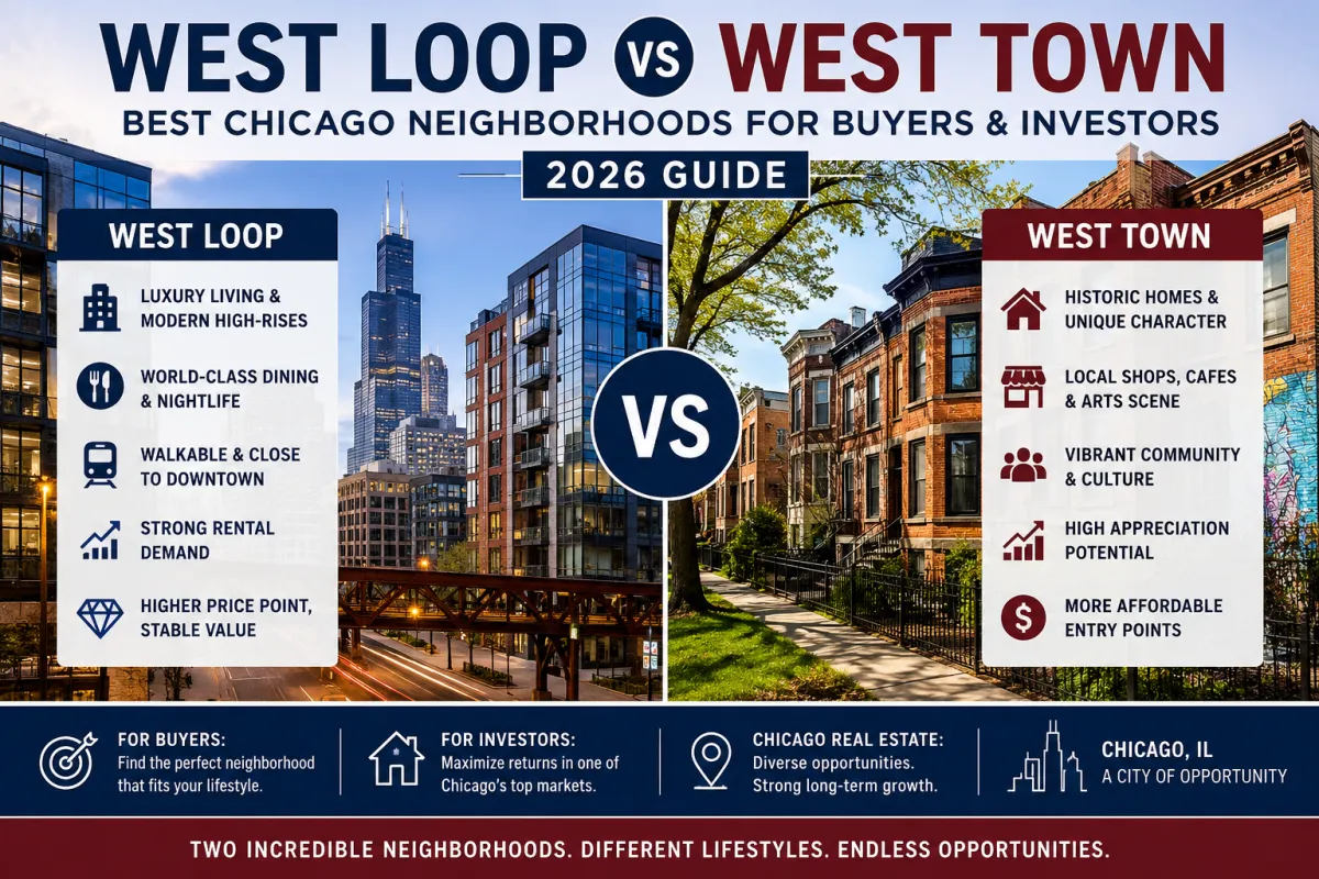 West Loop vs West Town Chicago real estate comparison infographic 2026 showing lifestyle, investment and housing differences