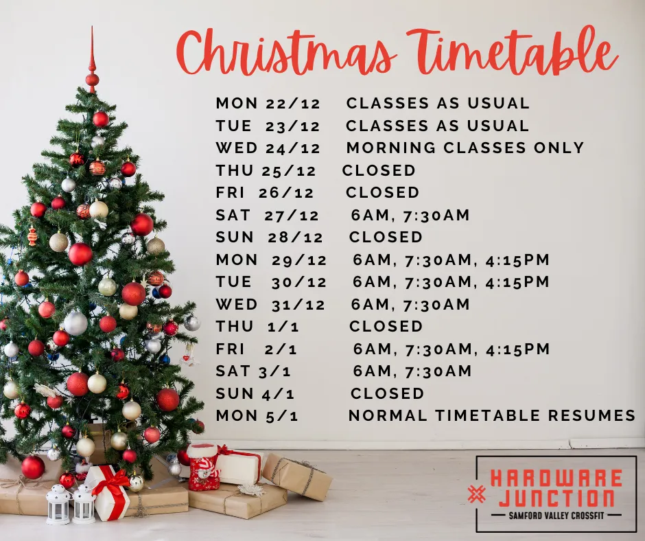 Hardware Junction 2025 Christmas timetable showing class schedule and holiday closures