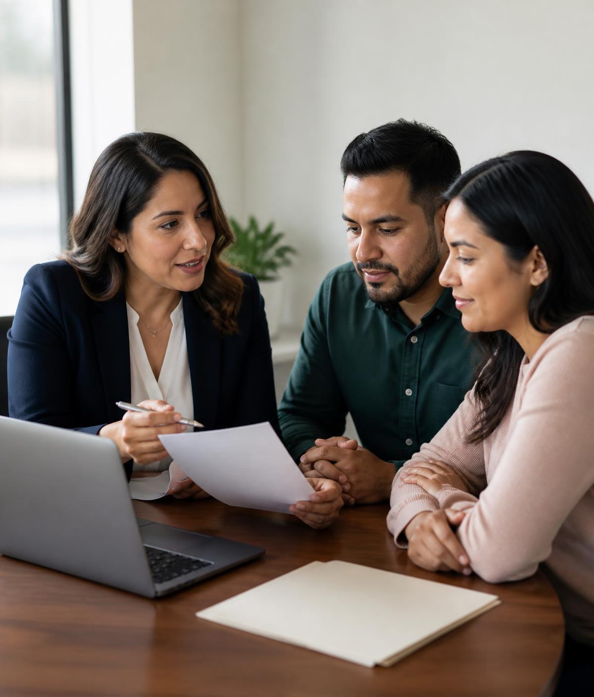 Three people sitting at a table looking at a document