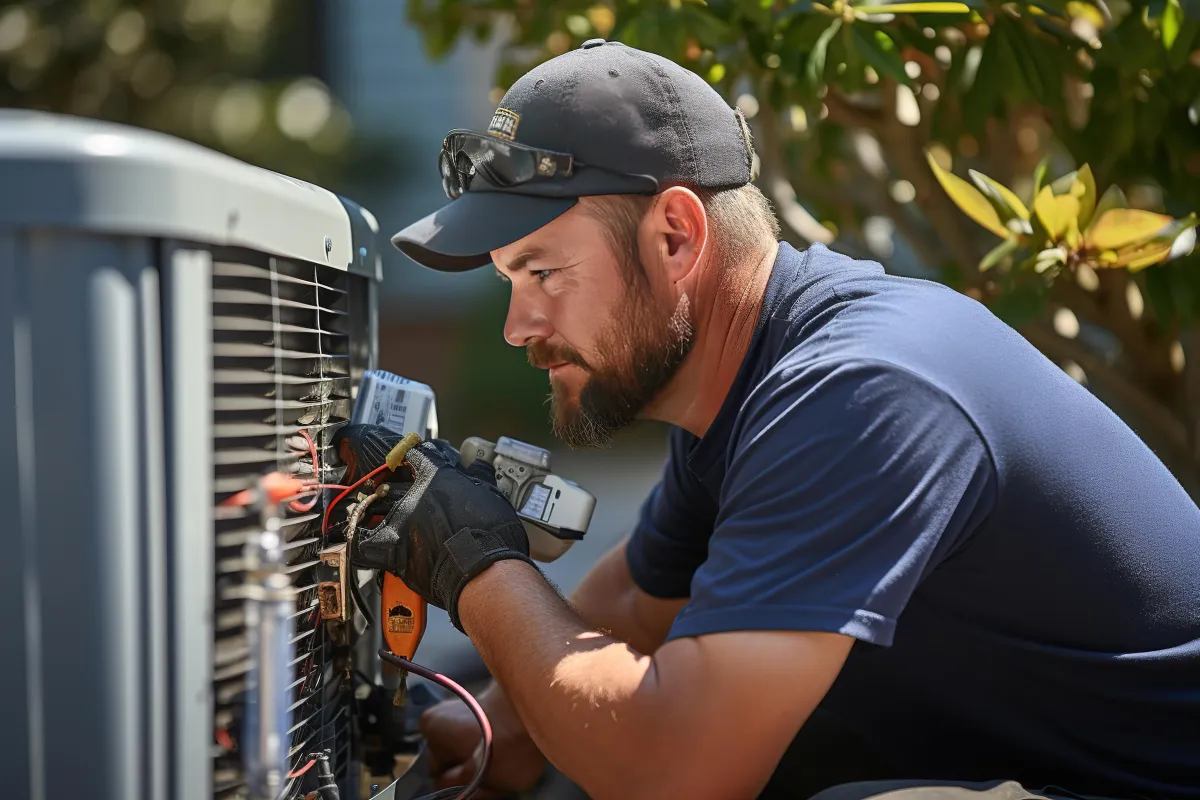 HVAC technician working on an air conditioning unit representing Ignite Solutions marketing services for HVAC contractors