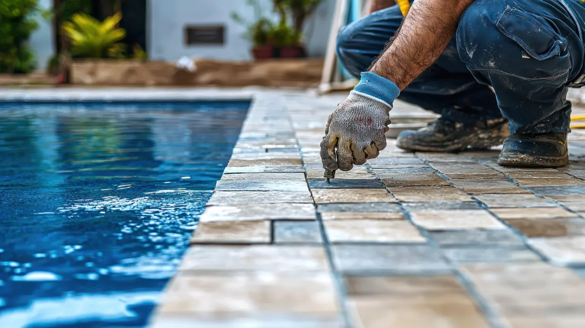 Pool contractor grouting tile representing Ignite Solutions marketing services for pool contractors