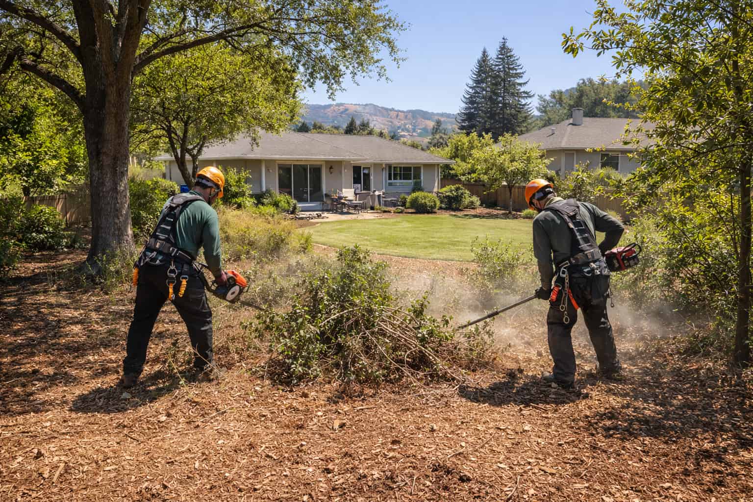 Brush clearing crew removing overgrowth and debris in a residential yard by Hawthorne Tree Service.