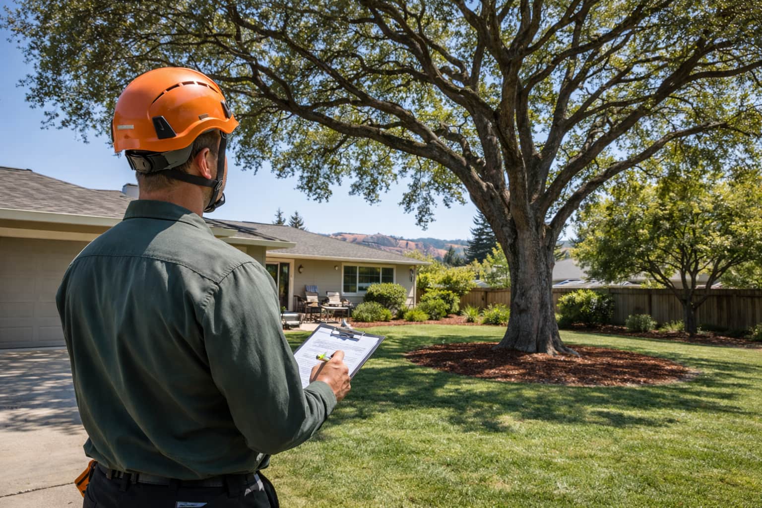 Certified arborist assessing tree health and safety during a residential consultation by Hawthorne Tree Service.