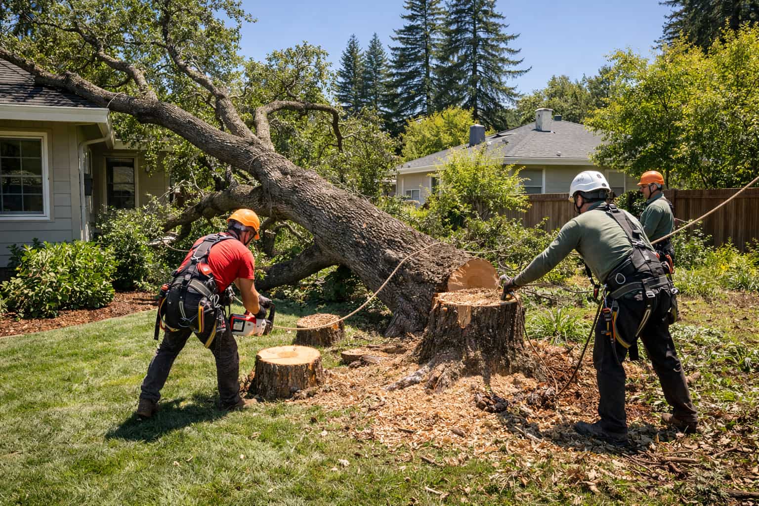 Emergency tree service crew safely removing a fallen tree from a residential property by Hawthorne Tree Service.