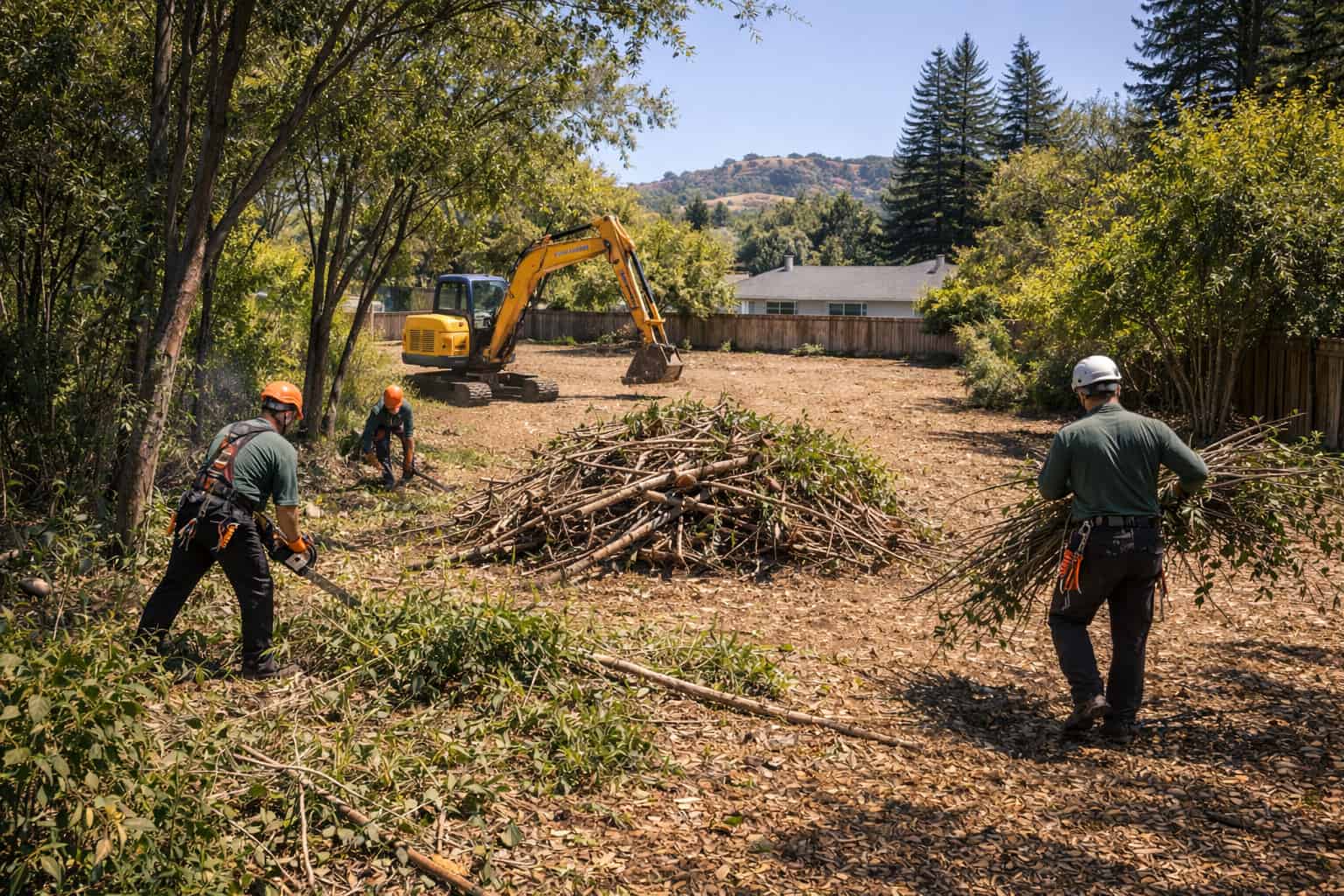 Land clearing crew removing brush and debris with excavator in a residential lot by Hawthorne Tree Service.