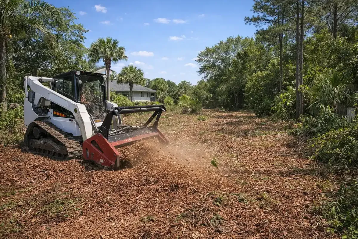 Forestry mulching equipment clearing brush and grinding vegetation in a residential lot by Hawthorne Tree Service.