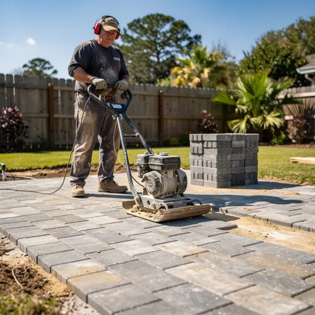 Paver contractor operating a plate compactor over freshly laid pavers in a Denham Springs backyard