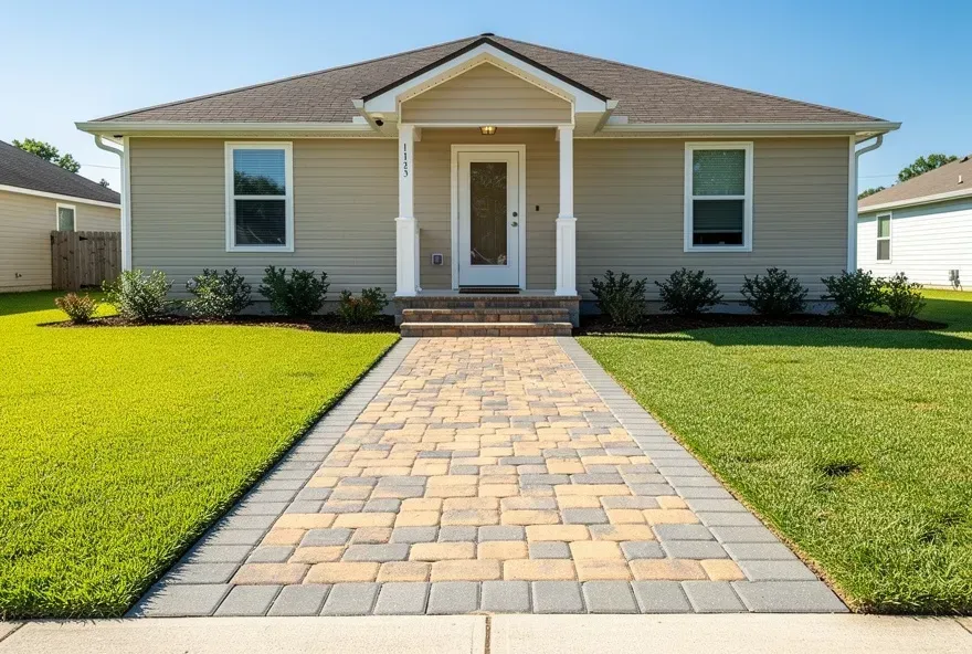 Paver walkway leading to front porch of a modest Denham Springs home on a sunny day
