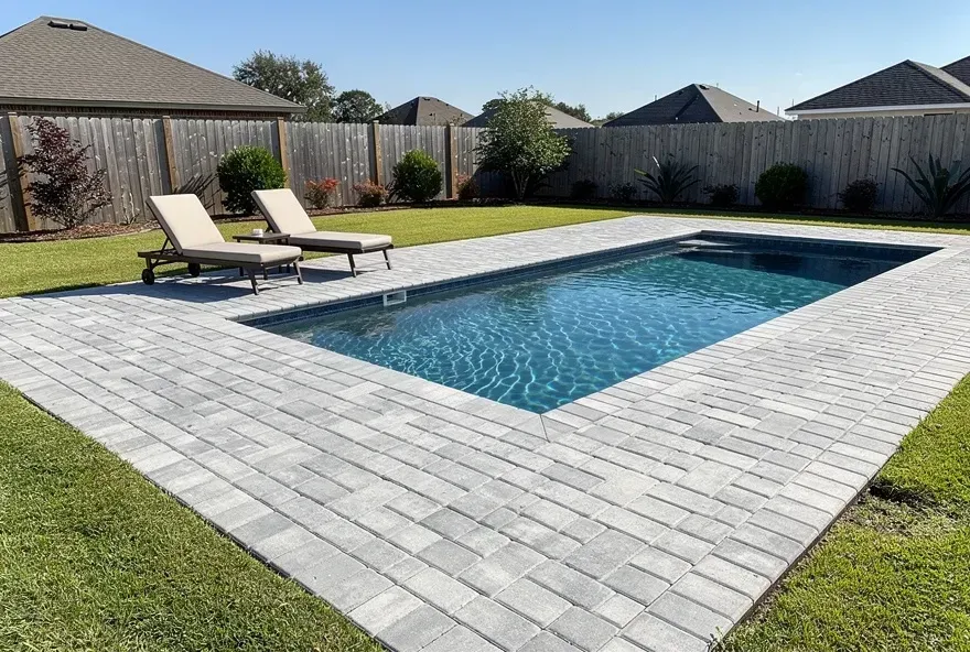 Light gray paver pool deck surrounding backyard pool in Denham Springs on a sunny day