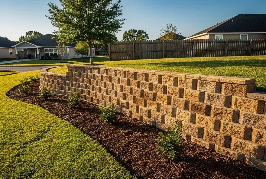 Stacked stone retaining wall along sloped backyard edge in Denham Springs on a sunny day