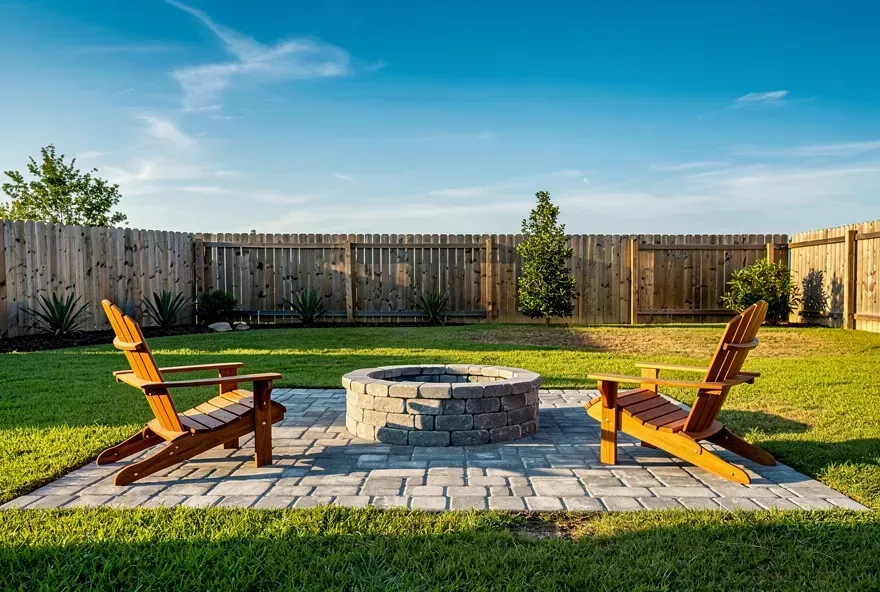 Circular gray paver fire pit with seating area in a modest Denham Springs backyard on a sunny day
