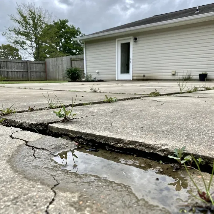Cracked and sunken concrete patio slab with pooling water at a Denham Springs home