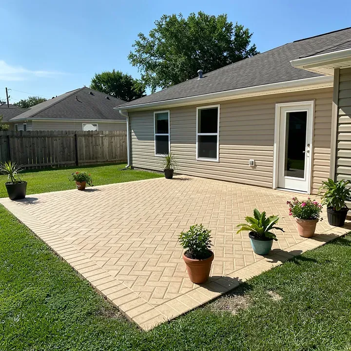 Newly finished level paver patio attached to a modest Denham Springs home on a sunny day