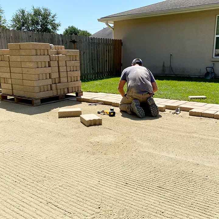 Paver patio installation in progress in a Denham Springs backyard with worker laying stones in the distance
