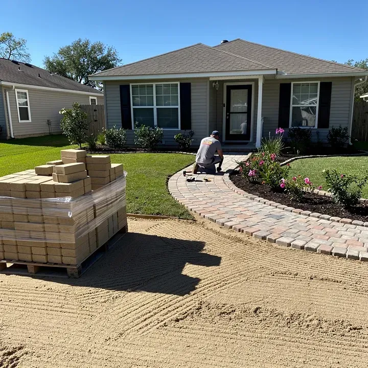 Paver walkway installation in progress in front of a Denham Springs home with worker laying stones in the distance