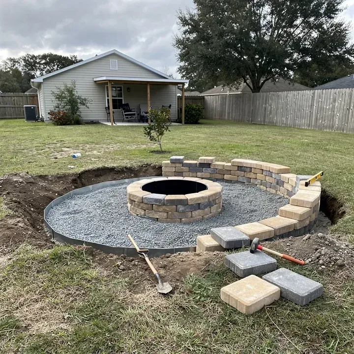 Paver fire pit installation in progress in a Denham Springs backyard