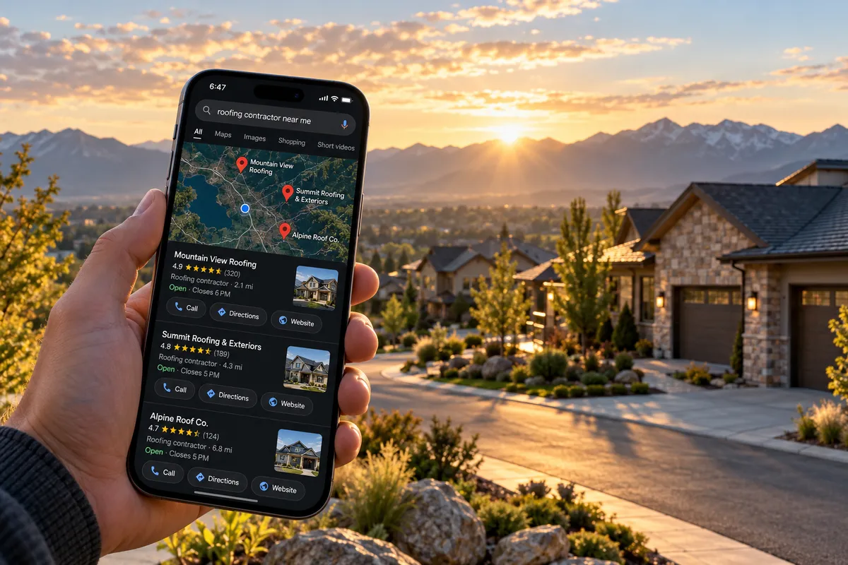 Google Maps ranking and local SEO services for contractors, featuring Google Business Profile optimization, customer reviews, and local search results on a smartphone.