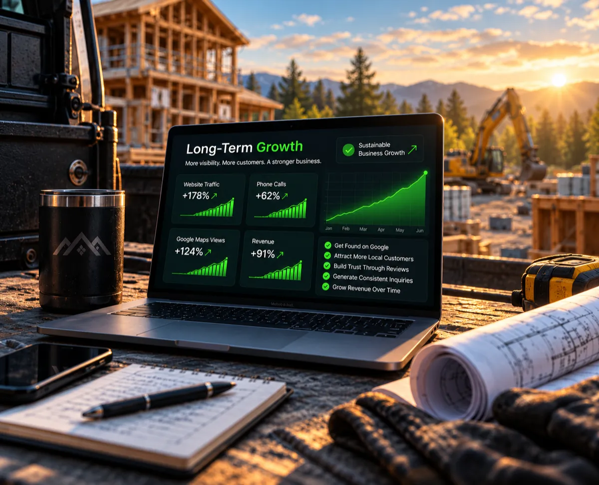 Long-term organic business growth through Google Maps ranking, local SEO, AI search visibility, and digital marketing, displayed on a laptop at a sunrise construction site.