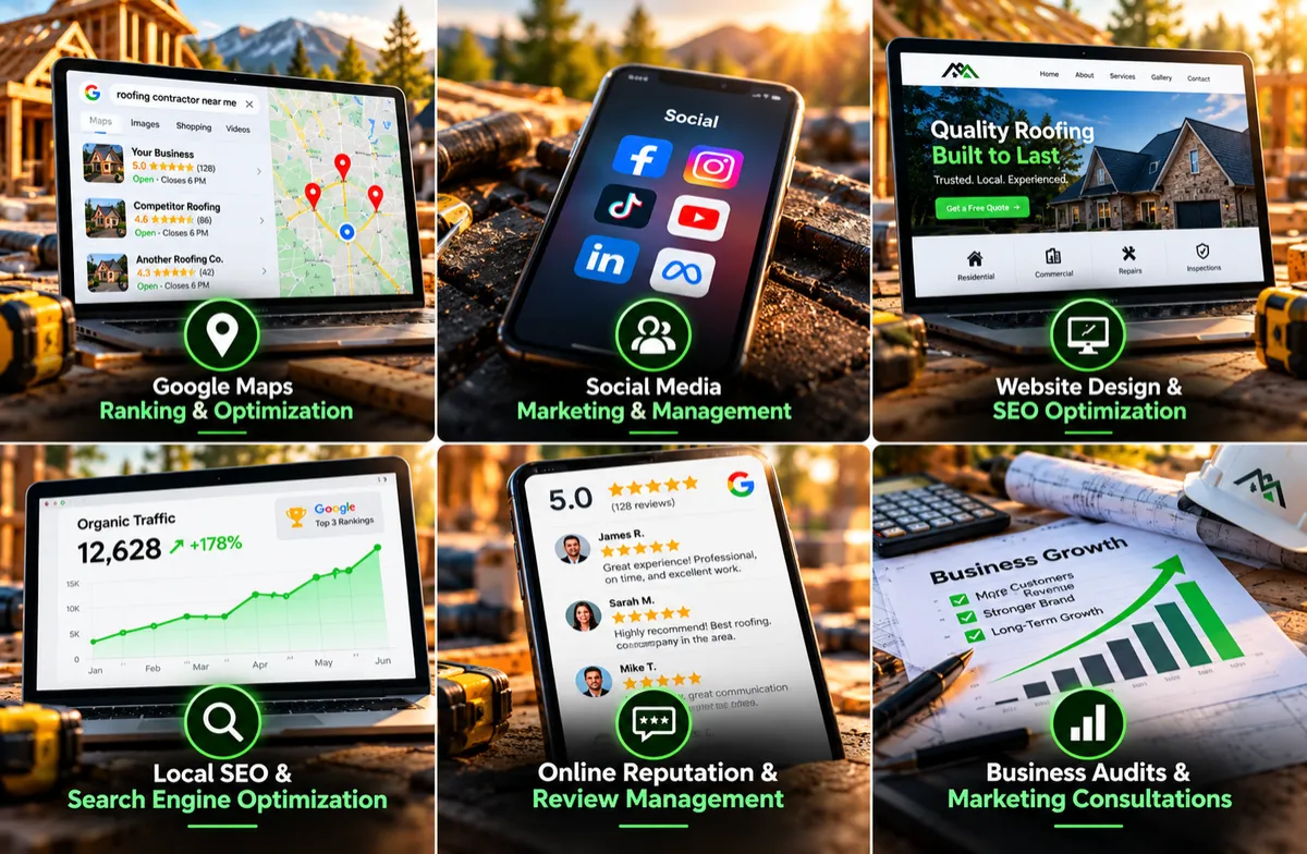 Six done-for-you digital marketing services by Solutions AF, including Google Maps ranking, social media management, SEO website design, local SEO optimization, Google review management, and business growth consultations.