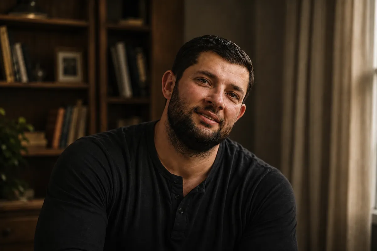 A cinematic, emotionally grounded photo of a serious, resilient Muslim father